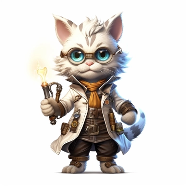 Adorable cute fantasy baby cat dressed like alchemist standing in dynamic pose,front view,fullbody,sharp through out,happy expression, nursery art, clipart image, lineart image, white background, very detailed, 8k, composition wide shot