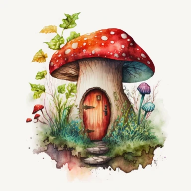 cute red mushroom with a small quaint door, watercolor clipart, white background, detailed, vibrant color, in the style of the hobbit