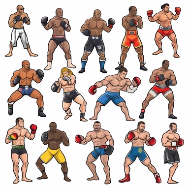 Design a clipart set that depicts different UFC fighters in action, engaging in different fighting styles such as Boxing, Muay Thai, Brazilian Jiu-Jitsu, and Wrestling. Add images of fighters executing techniques such as punches, kicks, headlocks, takedowns, and submissions. Also, include images of various fighting gear and equipment, such as gloves, shin guards, and mouthguards.