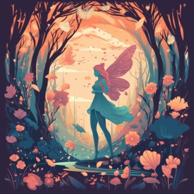 A mesmerizing fairy in a mystical forest, delicate wings shimmering with iridescent colors, surrounded by glowing flowers and soft moss, Enchanted forest with ancient trees and dappled sunlight, Serene and magical atmosphere, Clipart, using flat colors and simple shapes to depict the scene