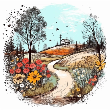 beautiful whimsical hand drawn illustration with ink outlines country road with flowers in the style of Natural Life and Anthropology, epic composition, pen and ink drawing, clipart, bright summer color palette, borders, oval composition on white background