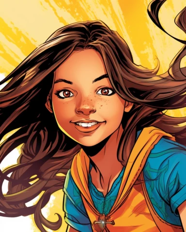 Blend of comic book art and lineart in full natural colors. A full-body portrait shot of a bright and energetic 10-year-old Irish Italian Indian girl. She has long, flowing brown hair with a few braids or colorful hair clips that add a playful touch. Her eyes are wide and curious, reflecting her youthful innocence and curiosity. She dresses in comfortable and age-appropriate clothing, such as jeans or leggings paired with colorful tops or t-shirts. She often wears sneakers or cute ballet flats t