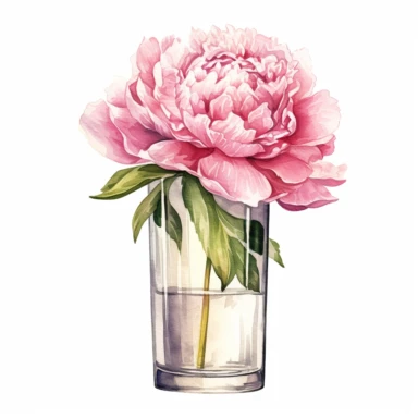 One Peony in Glass Vase Clipart on a white background, in the style of hyperrealistic illustrations, white and pink, realistic watercolor paintings, holotone printing, precise perspective, high resolution, les nabis, no watermark, text, words, paintbrush, typography , the images don't stick together, no words in the vase