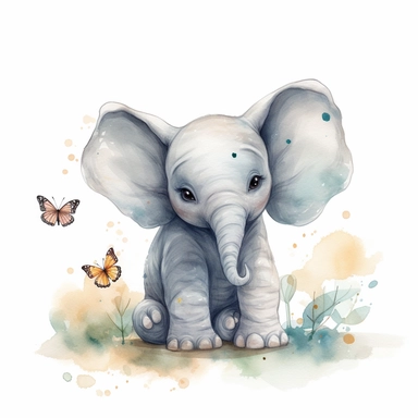 A cute baby elephant interacts with a butterfly, watercolor sketch illustration clipart on white background, digital art, concept, art, 8k, HD, kawaii