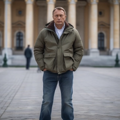 dramatic cinematic shot of a man who is a mix of Vladimir Putin and Viktor Orban, professional photo taken outdoor in casual clothes, full body, (((realistic))) canon 5d, masterpiece, highest quality, 4k, 8k, 16k, 64k, uhd, hdr, ultra detailed, ultra high-res, raw photo in hdr, sharp focus, hyper realistic, lifelike texture, intricate face, intricate eyes, high contrast, skin imperfections, subsurface scattering, f2, depth of field, ((best quality)), ((masterpiece)), (detailed), very detailed, e