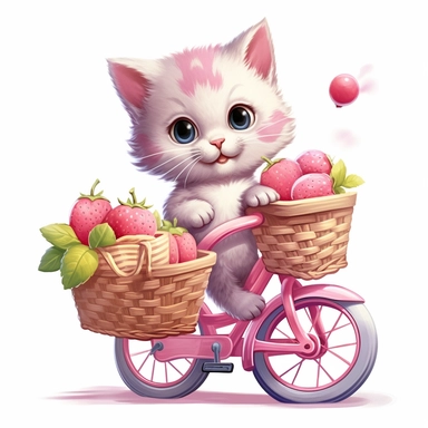Create a clipart of a cute kitten riding a pink bicycle with a basket full of picnic food, ready for a day in the park. Low detail. White background, soft lighting. In the style of Bob Ross