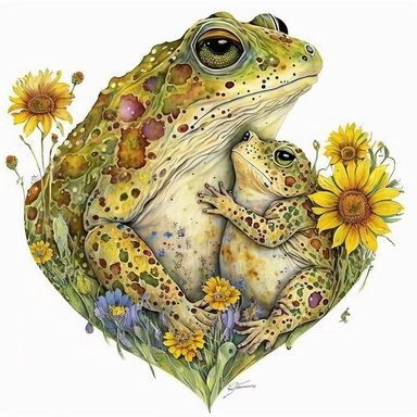 close-up-shot Barking Tree Frog-mom and her baby with sunflowers, wildflowers and relatable-flowers made into a heart-shape vintage in watercolor style clipart, use darker tones, higher saturation colors, watercolor clip art with splashes and drips, super creative watercolor, white background