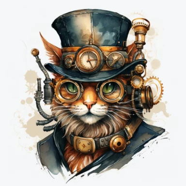 watercolor steampunk cat clipart, 4k