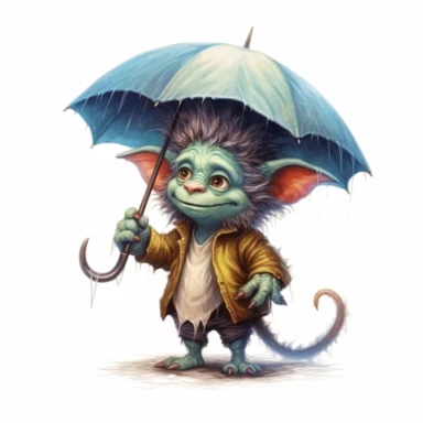 Cute Adorable magical little Troll holds laterally a huge umbrella in his hand wears a raincape and stand in the rain on a country road, correct umbrella, clipart, photorealistic illustration, high detail, 8k polished, 8k, vibrant colors, white background, sticker