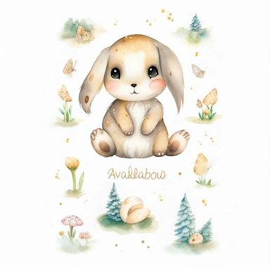 cute chibi bunny rabbit with droopy ears, simplistic doodle, full body view, watercolours and shiny gold glitter, prominent visible brush strokes, by amanda clark, watercolor clipart png on white background with free margins