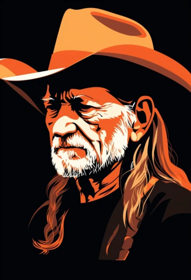 Willie Nelson 3/4 profile view, illustration, manga, cartoon, vintage clipart illustration, vintage comic book, black and white, monochromatic orange, flat color, line drawing,