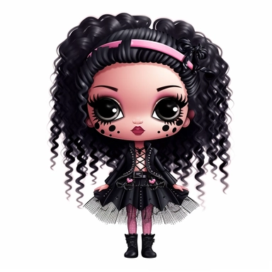 Cute gothic pink Blythe doll cartoon black skin bratz doll style , white background clipart