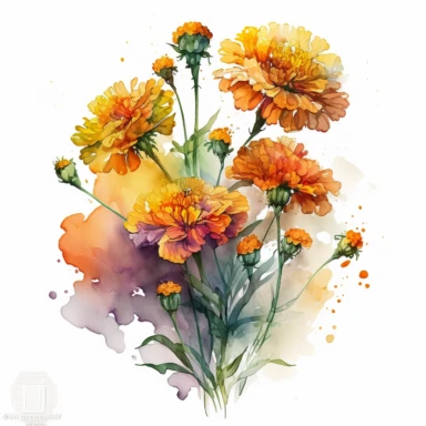 [9063799586] Watercolor clipart. An enchanting watercolor artwork featuring a charming bouquet of marigolds, their vibrant petals dancing with every brushstroke.. White background. No text. No caption. No logo