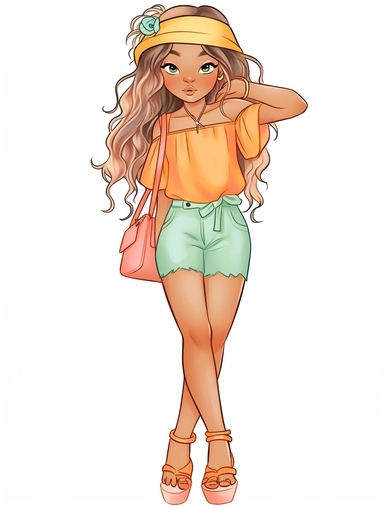 cute summer girl full body drawing, illustration clipart, detailed, black outline, white background, digital art, watercolor,,