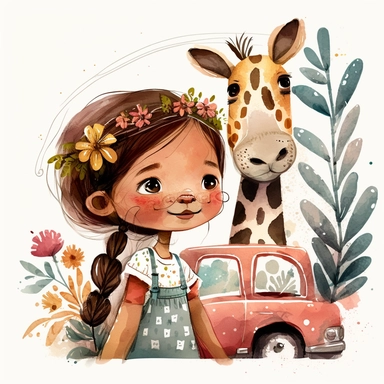 watercolor clipart, A car racing with a family inside, a 6-year-old child and the parents, motion, the girl sees a dog outside the car, the girl sees a giraffe outside the car, magic, illustration story book style for children