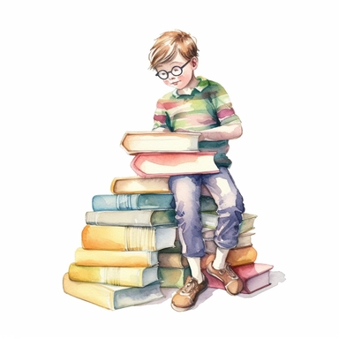 beautiful watercolor clipart of young child holding a stack of books and reading, fun pastel hues, compositions on an isolated white background. Bright illustration, highly detailed