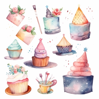 clipart, clip art, doodles, drawings, birthday, birthday cake, birthday hat, birthday decorations, hand painted, watercolor, soft colors, nursery, white background, simple style, high definition, 8k
