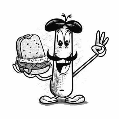 Hanna-Barbera illustrated Drunk Frankfurters, retro drunk character illustration, Volk Clip Books of Line Art, retro Frankfurters illustration, retro illustration, doodle art, design, line art, minimal character design, tattoo flash design, vintage Frankfurters illustration, black line, white background, 32K, retro illustration, retro advert illustration, black and white, minimal, sandwich