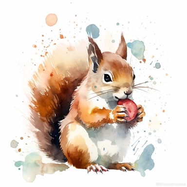 Design a clipart of a cute cartoon squirrel munching on a nut, with its cheeks bulging. The squirrel should have vibrant and cheerful colors, capturing its lively nature. The watercolor washes and splatters can add a dynamic and whimsical touch to the illustration. Against a white background, the squirrel will become the focal point, making it suitable for a variety of creative projects.