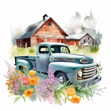Visualize a clipart-style watercolor illustration of a close up of detailed vintage pickup truck near a barn, surrounded by wildflowers on a summer day, set against a clean white background. Use bright, pastel colors, ensuring the colors pop against the stark white backdrop. The truck's bright color and the leading lines of the barn and the fence should create a sense of depth, making the truck the center of attention. The composition should place the pick up truck centrally, emphasizing its int