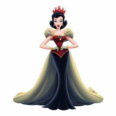 FULL-BODY PERSPECTIVE OF A 2D DISNEY CLIPART ILLUSTRATION OF A BEAUTIFUL AND BENEVOLENT QUEEN, WHITE BACKGROUND, STYLE OF DISNEY'S 1937 MOVIE SNOW WHITE, WHITE BACKGROUND