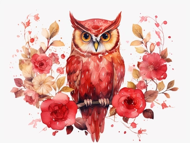 red gold watercolor Owl with flowers clipart with golden metallic line and some glitter, plain background, 8k, high resolution