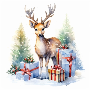 one watercolor christma deer clipart with christmas gifts and a tree on a white background, in the style of amanda clark, glorious, depictions of animals, realistic watercolor paintings , no watermark, text, 300 DPI , typography, shapes do not stick together, no text in the picture, on a white background