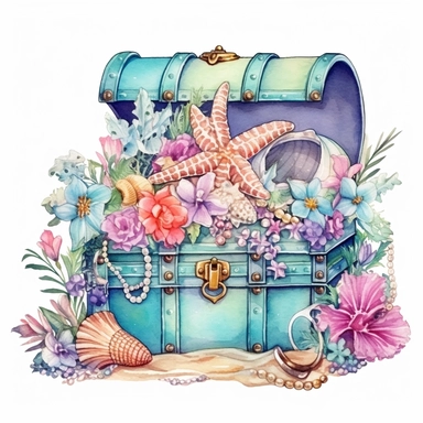 clipart, isolated on white background, Watercolor spring ornated treasure chest with jewelry on the beach, sea animals, detailed, flowers, ornated, pastel colors