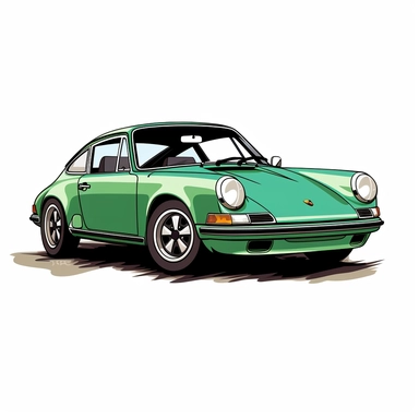 in clipart style, vector image, A meticulously crafted illustration of a green 1973 Porsche 911 Carrera RS , highlighting its iconic design and graceful contours, placed against pure white background (style: evoking the accuracy and refinement of classic automobile blueprints) (lighting: deliberate, directional lighting, casting gentle highlights and shadows on the car's structure) (colors: an elegant palette for the car's body set against a pristine, white backdrop) (composition: captured from 