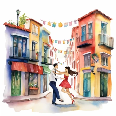 Very cute and Whimsical street of Buenos Aires, cute houses, folkloristic La Boca neighborhood, Tango dance, beautiful, Watercolored illustration, clipart, white background