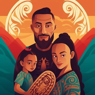 as a social worker dad poster. Maori man and woman, Add clipart to include elements of social work, social work practice, Māori culture elements, new zealand bush and rivers and beach, and family.