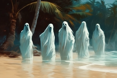 realistic clipart ghosts on the tropical beach, digital painting