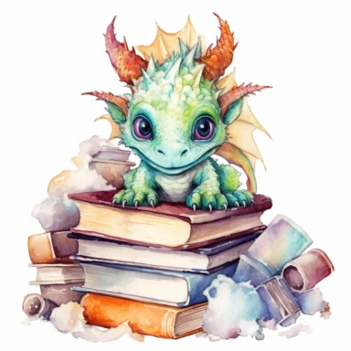 Clipart, watercolor, white background: A baby dragon with big, expressive eyes, peeking out from behind a pile of books, eager to learn and discover new things.