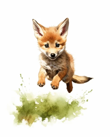 detailed watercolor Baby Coyote jumping on grass , realistic, isolated on a white background, clipart