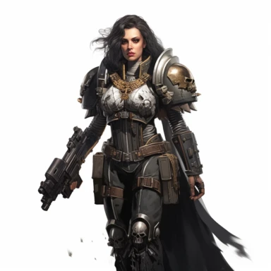 beautiful deathwatch warhammer 40k fantasy character, dark hair, paint art style, clipart, white background, superrealistic, one of a kind