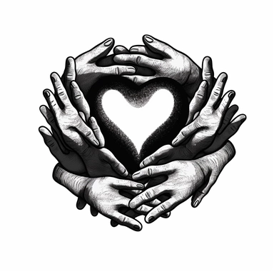 holding hand inside of a heart, multiple hands, black and white, clipart style