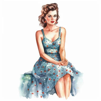 watercolor, hyper realistic, white background, white margins, 16k, ultra detailed clipart, cut out image, hand-drawn, whimsical a pretty lady wear a vintage-inspired polka dot dress with a sweetheart neckline, reminiscent of the classic summer style.