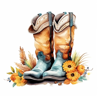 Cowboy Boots Hello Fall Pumpkin Fall Vibes , style by Lucy Fleming, watercolor, smooth gradients, black contour outline, ultra detailed, clipart elements, delicate pastel colors, solid white background, super clear, high quality