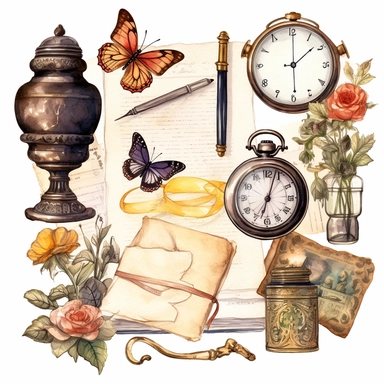 Watercolor vintage stationery collection of elements - envelope, wax seal, pocket watch, butterfly, fountain pen, lace ribbon, dry flowers, magnifying glass lens. Hand drawn antique objects isolated. Clip art