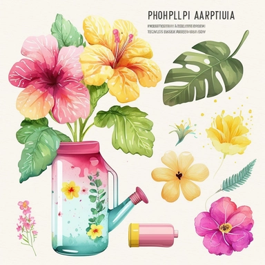 summer Illustrations, water festival , hibiscus flower, Floral Bouquet, colorful plastic water gun, Planner Graphics, Cheerful Colors, Hand-Drawn Art, Botanical Clipart, Watercolor Elements, single design, 8k