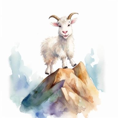 children's book illustration, a cartoon of a happy baby mountain goat walking up the side of a mountain. Watercolor clipart. Pixar animation.