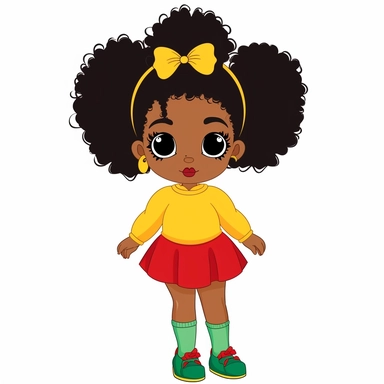 a cute Little Black Girl with green, yellow and red clothes, 2 afro puffs, flat vector clipart