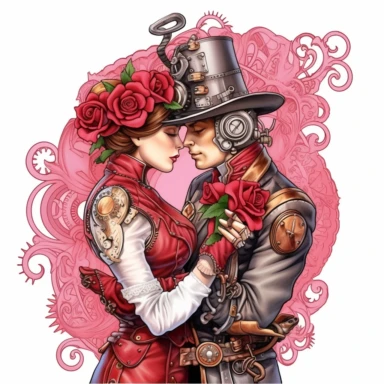 A romantic steampunk duo leaning in for a gentle kiss, both dressed in elaborate red and pink steampunk outfits, surrounded by the beauty of a vibrant steampunk rose. Ultra high quality, intricate detail, retro - futurism, pastel clipart, white background
