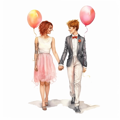 watercolor, hyper realistic, white background, white margins, 16k, ultra detailed clipart, cut out image, hand-drawn, whimsical celebration of love and commitment between two individuals of the same gender, wearing wedding attire, two brides