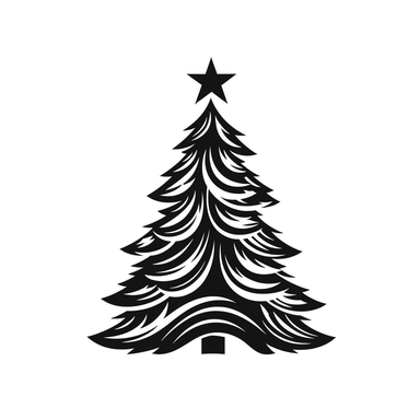 black and white silhouette of a christmas tree, clipart style, white background, thick lines, vector, simple design, flat colour, solid colour, christmascore