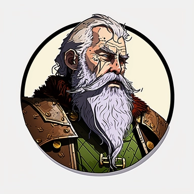 grand old duke noble dignified white beard, Dungeons & Dragons, handpainted enamel punk fashion poster, clipart illustration, circle white background, circle border