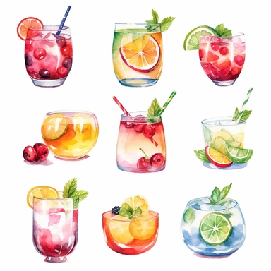 Alcohol cocktail collection. Watercolor illustration. Drinks clipart set on white background