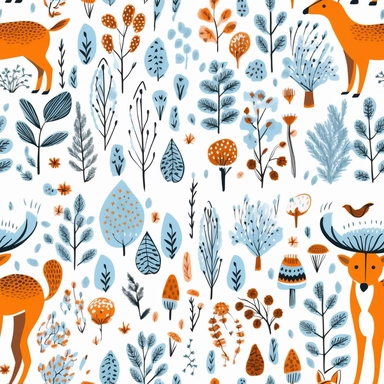 collection of free clipart of creatures, animals and flowers, in the style of light blue and amber, allover composition, joyful celebration of nature, 20th century scandinavian style, forestpunk, gestural outlines, feminine sticker art, white background, seamless repeating pattern