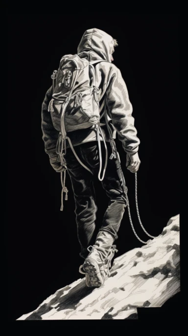 Sketchy white Ink Drawing on black background: A determined and hopeful handsome mountain climber looking up with thick coat and fur trim hood, full-body, illustration clipart that resembles a sketchy ink drawing, with loose, expressive lines and a hand-drawn appearance, three-quarter profile
