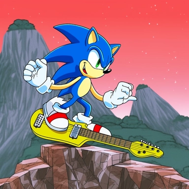 Classic Sonic style, Sonic CD style, the Blue Hedgehog in red shoes, in Toei anime movie style, riding an electric guitar like a snowboard, down a hill, clipart, in Toei anime movie style